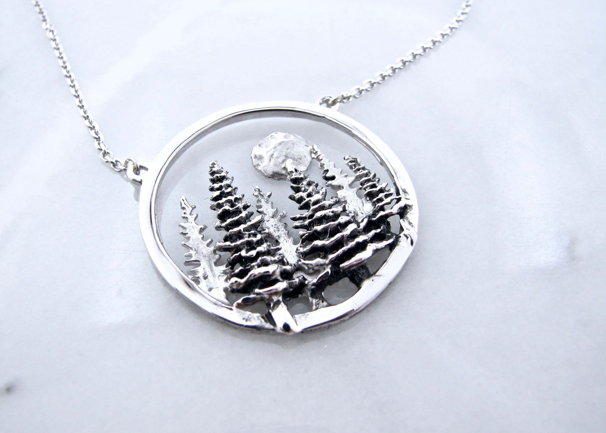 Antique Silver Split Chain Necklace, Pine Moon Landscape | Wexford Jewelers