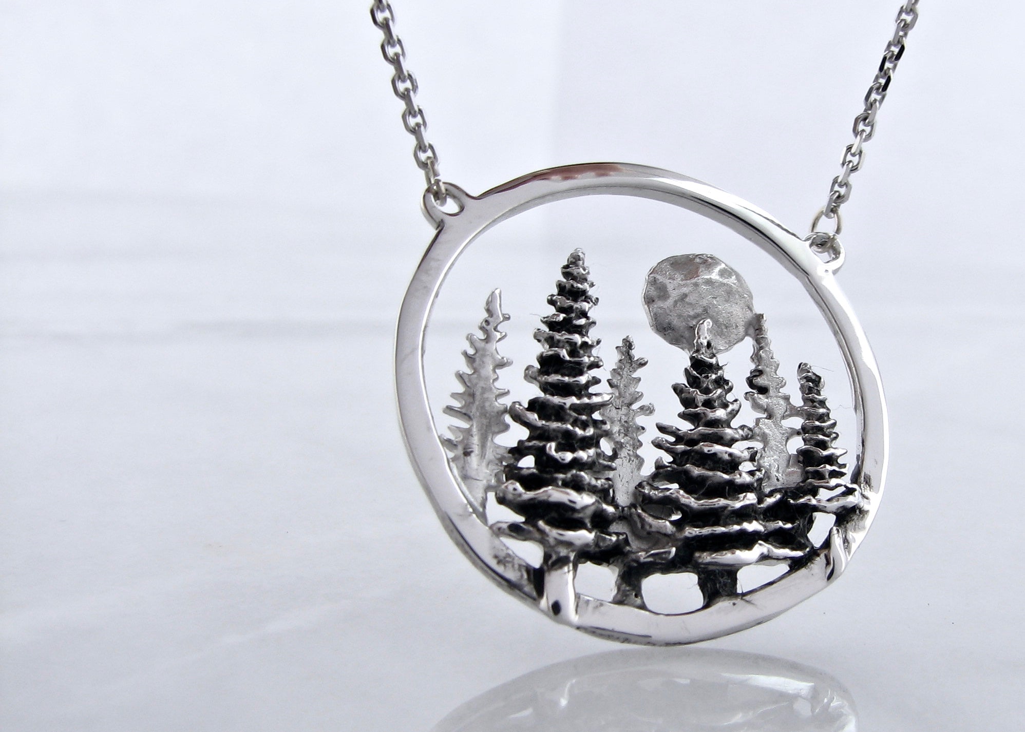 Antique Silver Split Chain Necklace, Pine Moon Landscape | Wexford Jewelers