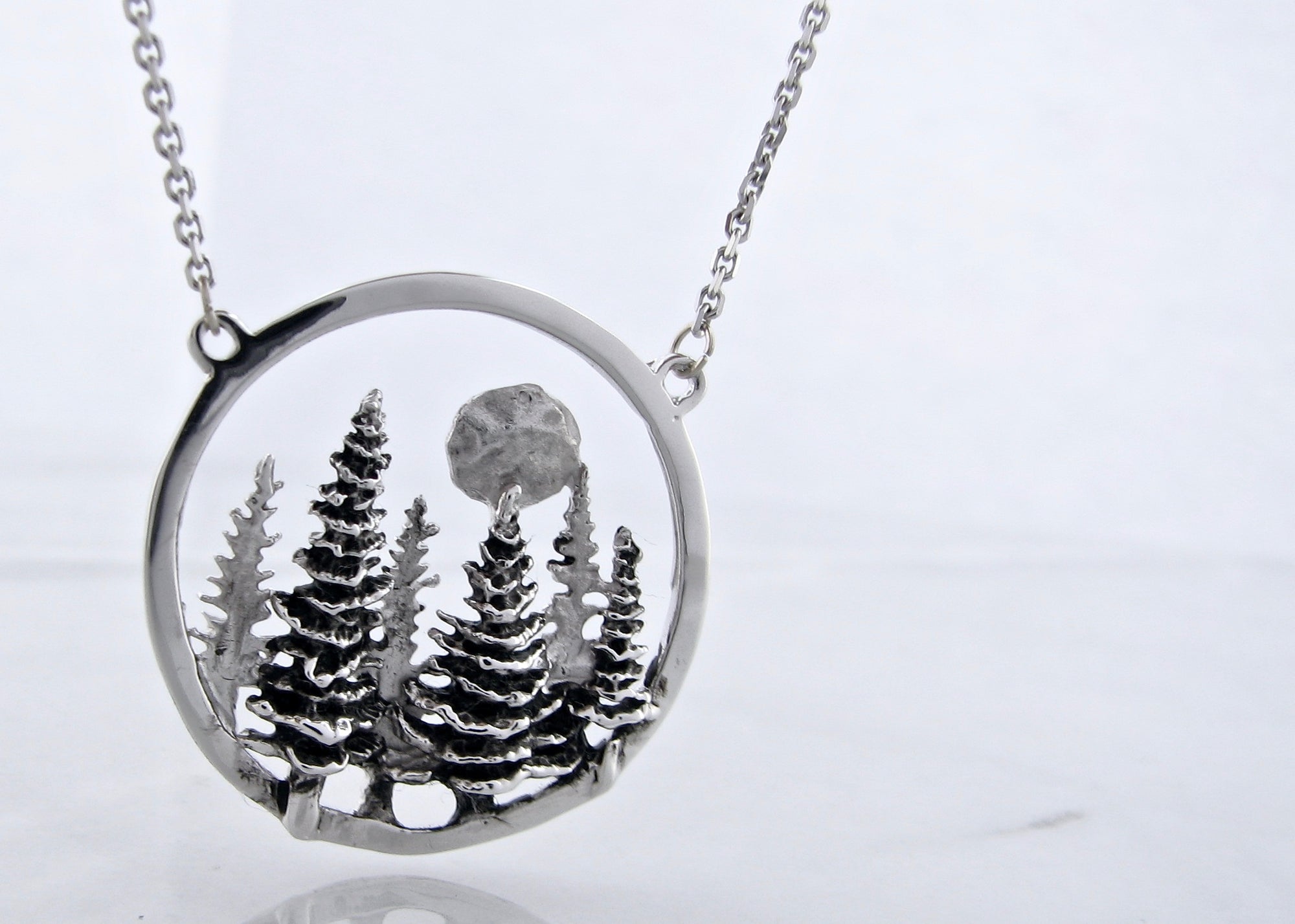 Antique Silver Split Chain Necklace, Pine Moon Landscape | Wexford Jewelers