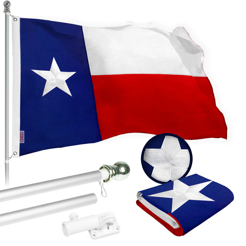 G128 Flag Pole 5 FT Silver Tangle Free & Texas Flag 2.5x4 FT Combo Embroidered Spun Polyester