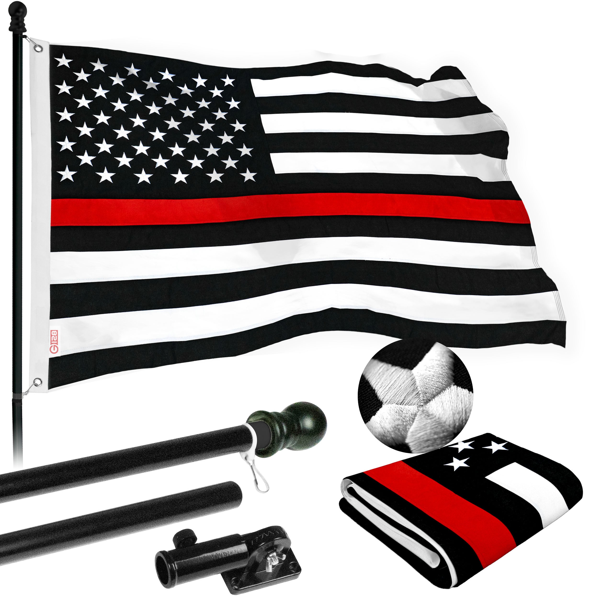 G128 Flag Pole 5 FT Black Tangle Free & Thin Red Flag 2x3 FT Combo Embroidered Spun Polyester