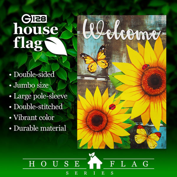 G128 House Flag Welcome Sunflowers and Butterflies | 28x40 Inch | Printed Blockout Polyester - Summer Decoration