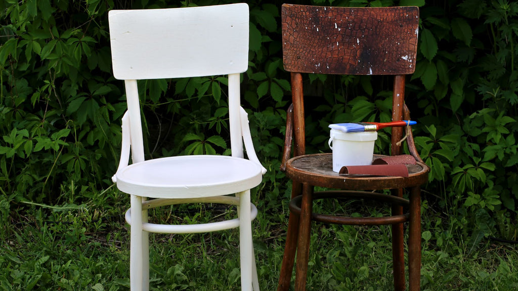 An image of two chairs. One is restored while the second isn't. 