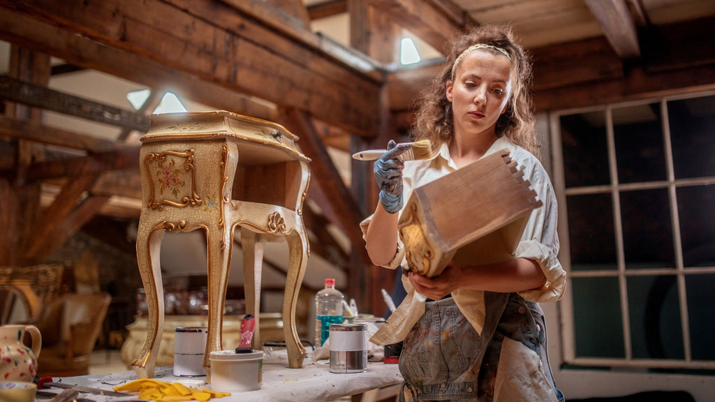 A person busy restoring and painting a cabinet. 