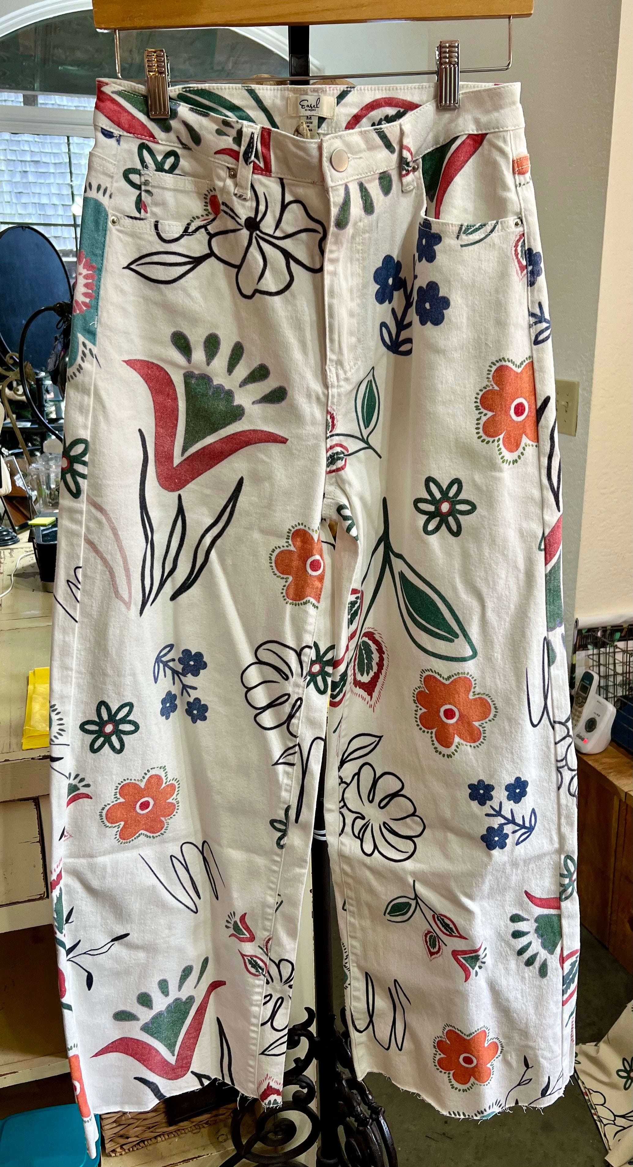 Easel Printed Washed Twill Wide Leg Pant