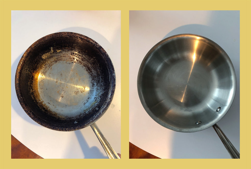 Cooking pan before and after cleaning with Supersalt