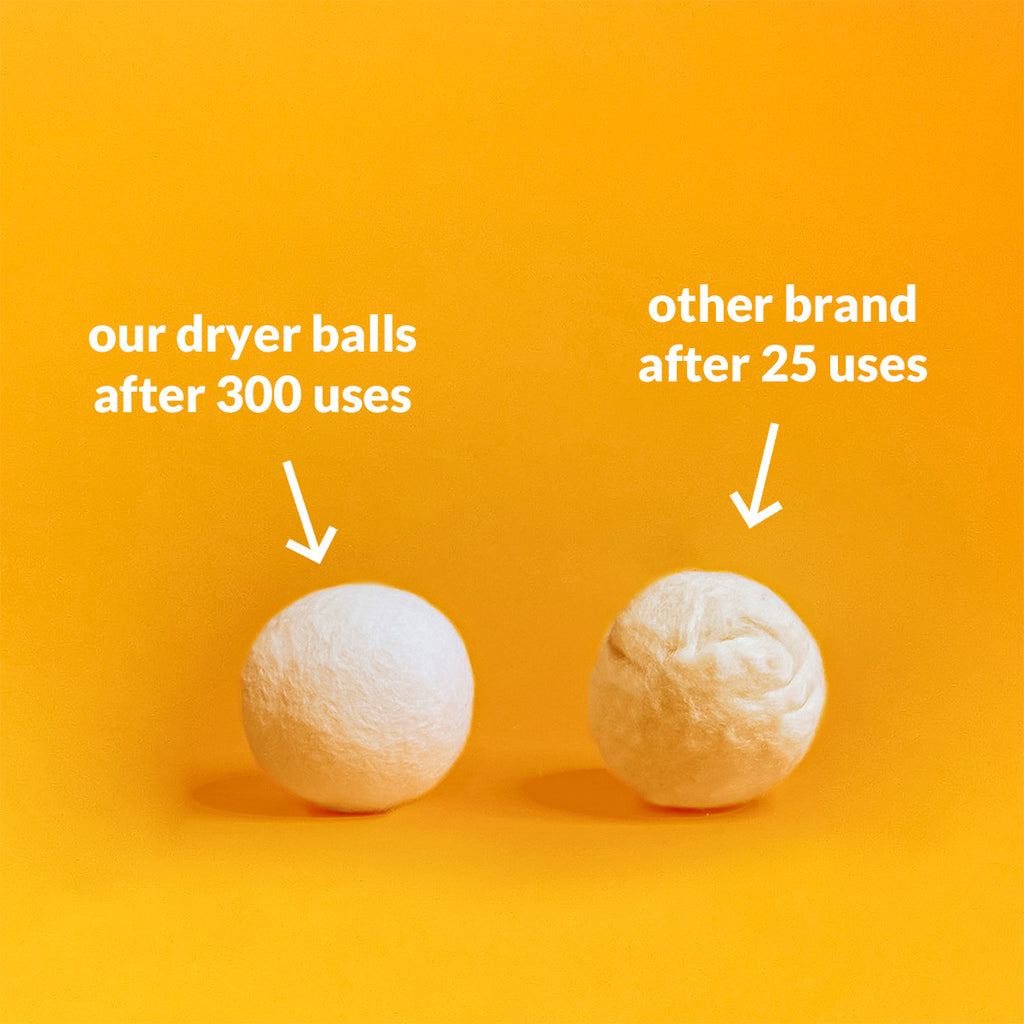 Side-by-side comparison of Woolzies wool dryer ball and a competitor's