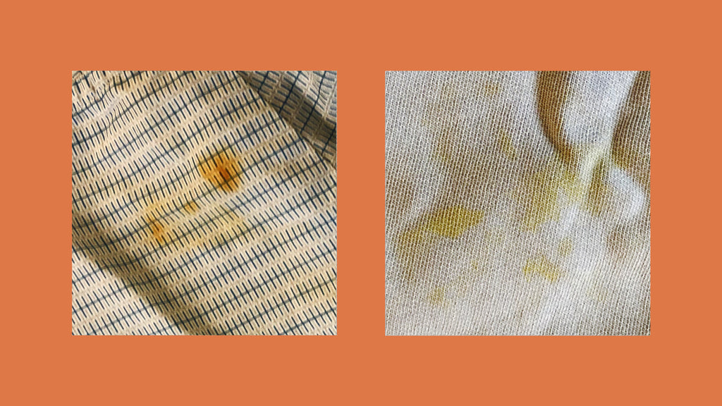 Rust colored stains on fabric caused by sunblock
