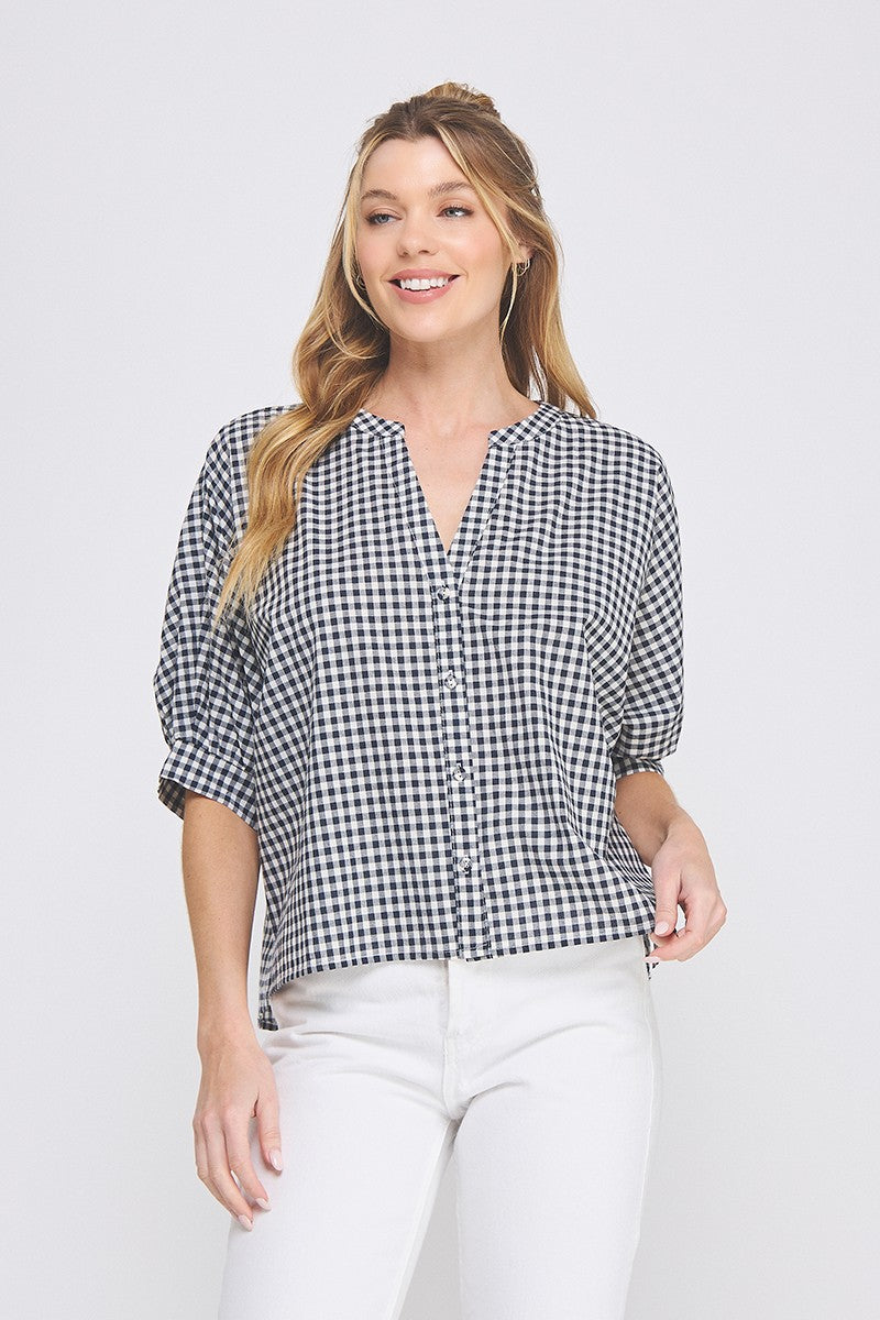 Gingham Button Up Top in Navy