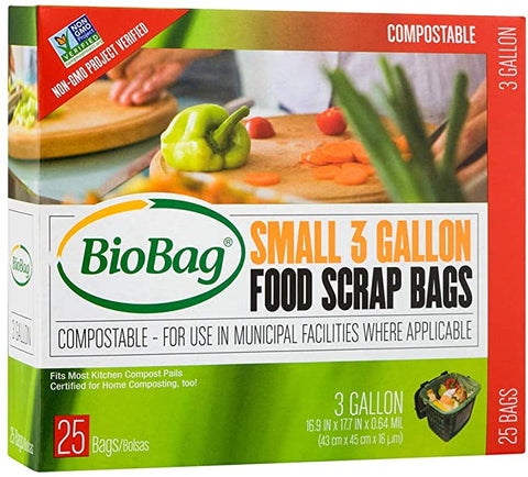 The exterior packaging of a box of Bio Bags, compostable trash bags (countertop size here)