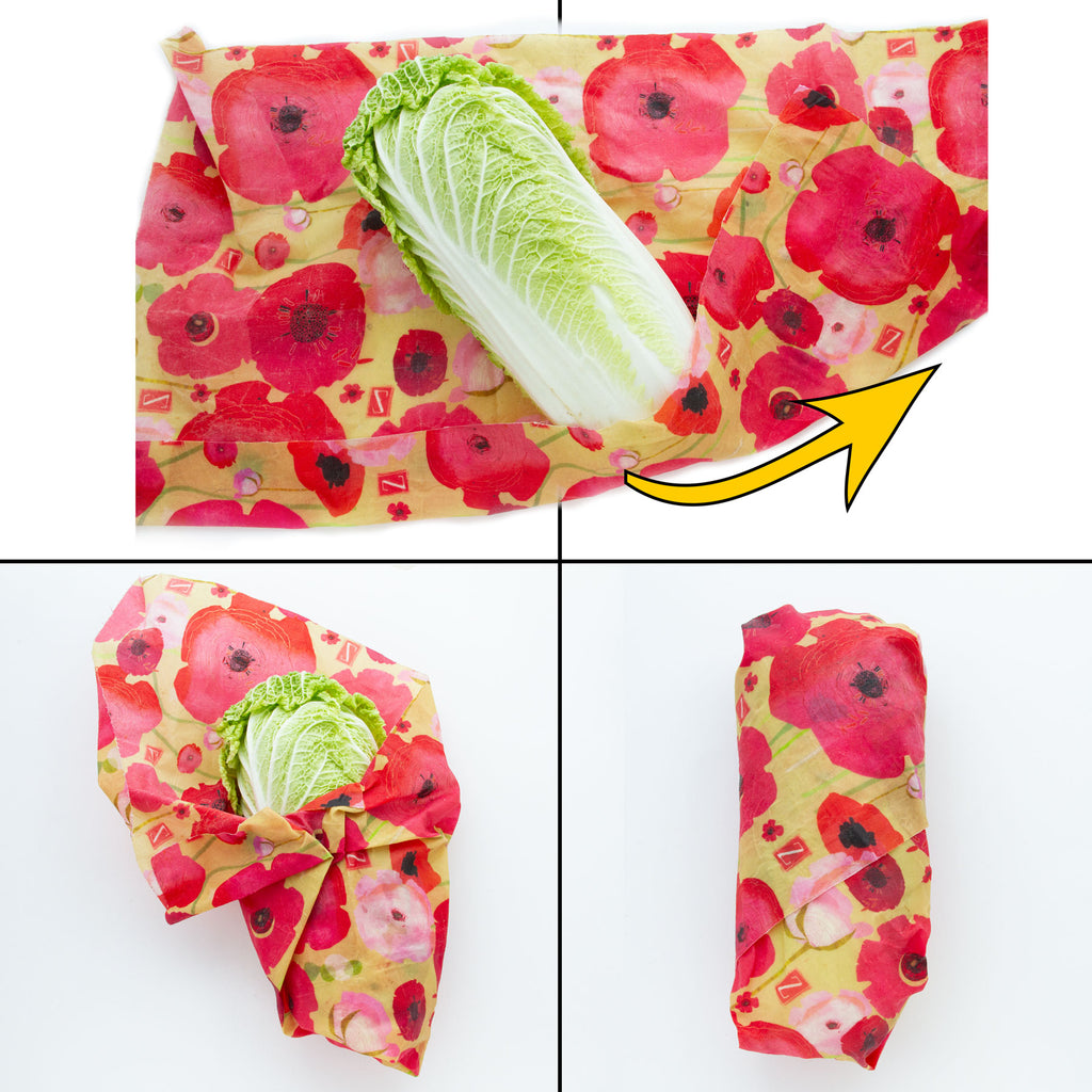 a 3-image group showing how to use the "burrito" method of wrapping with a napa cabbage and large poppy-print Z Wrap