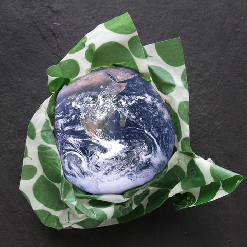 A composite image of Earth, wrapped in a Leafy Green print Z Wrap