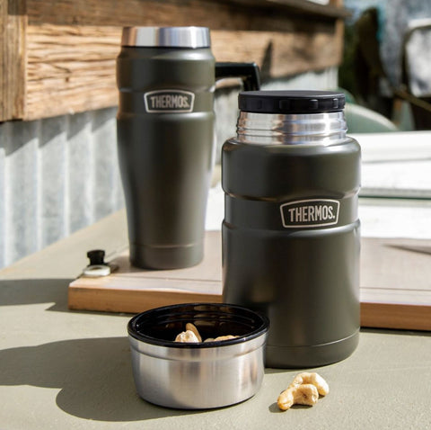 two Thermos brand insulated containers, one for drinks and one for foods