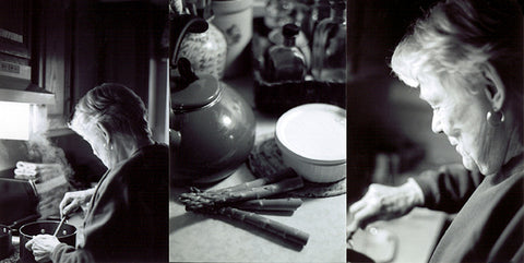 A three image sequence of an elderly woman cooking risotto and asparagus