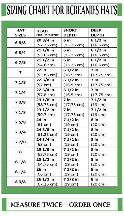 BC Beanies Sizing Chart