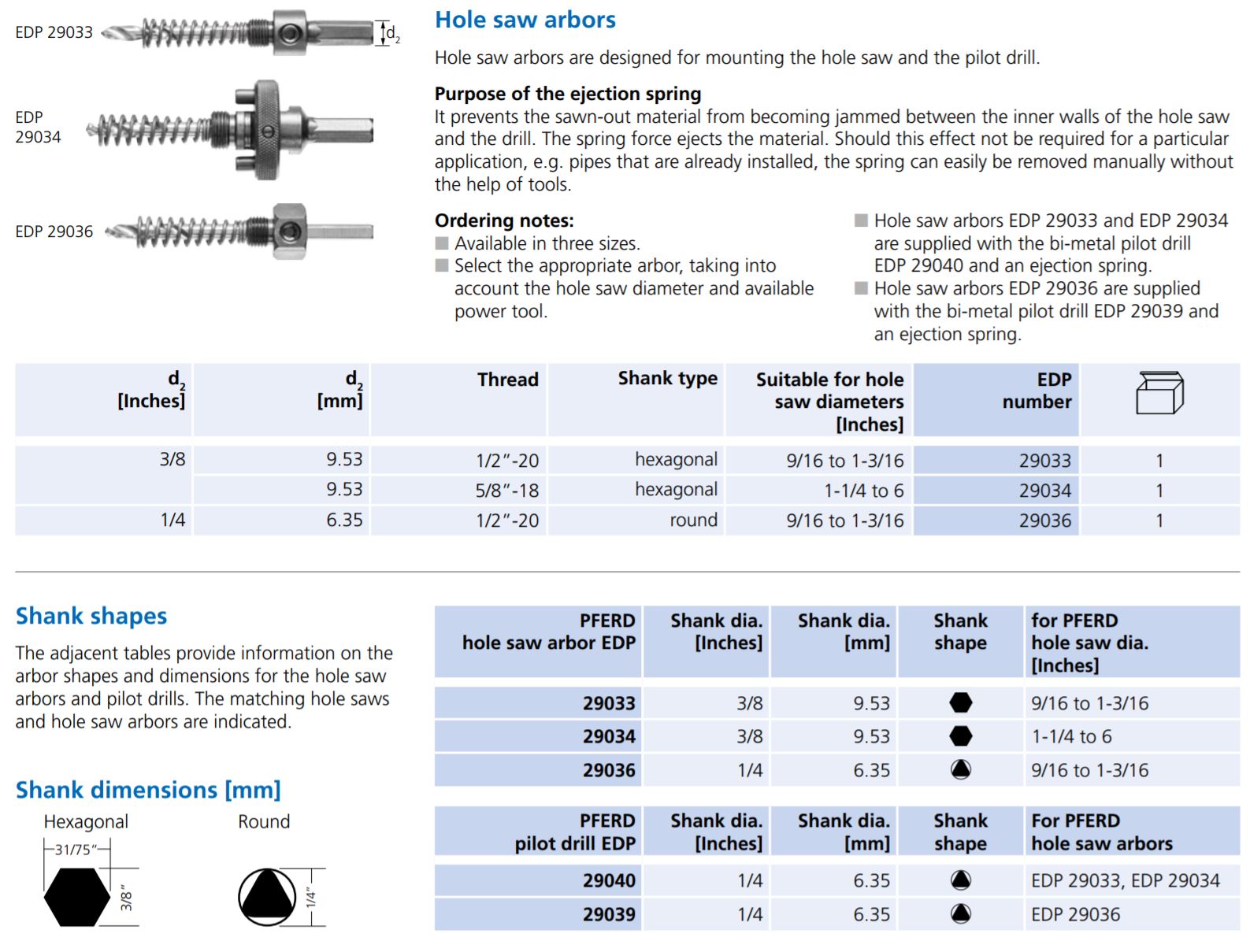 Pferd hole saw arbors