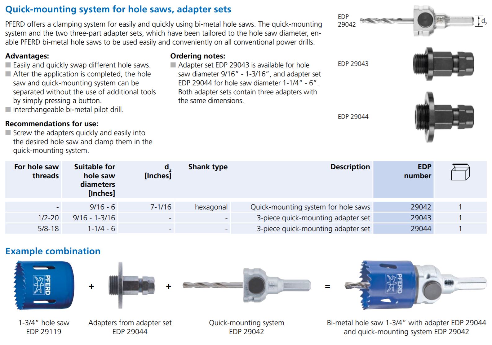 Pferd Quick Mount Hole Saw Arbor System