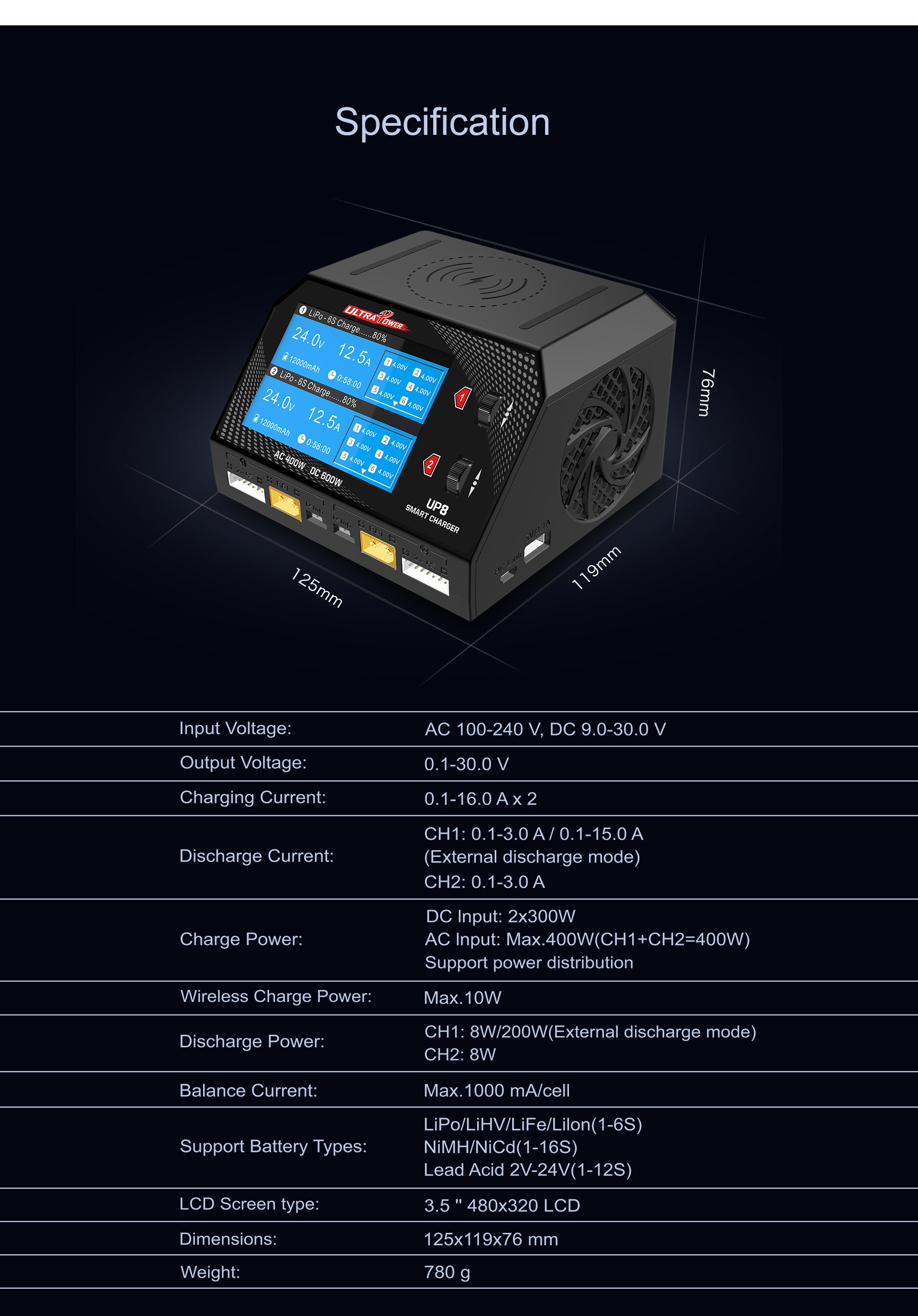 Ultra Power UP8 600W 16A Dual Channel AC/DC Battery Charger