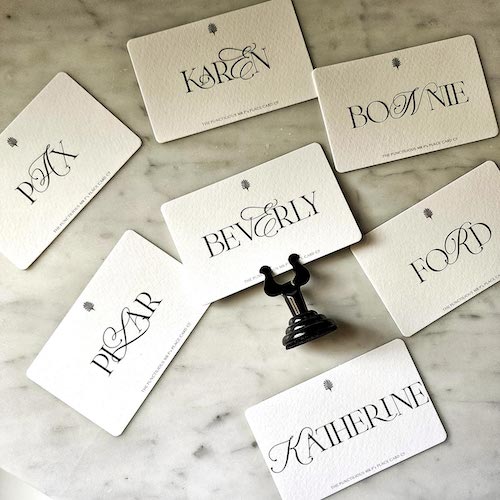 a pile of mr. p's place card examples showing various names using the 'Bel Air' Font