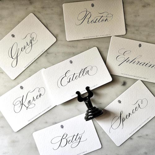 a pile of mr. p's place card examples showing various names using the 'Calliope Script' Font