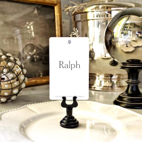 The Punctilious Mr. P's Place Card Co. Finch Font digitally printed on the back of a place card