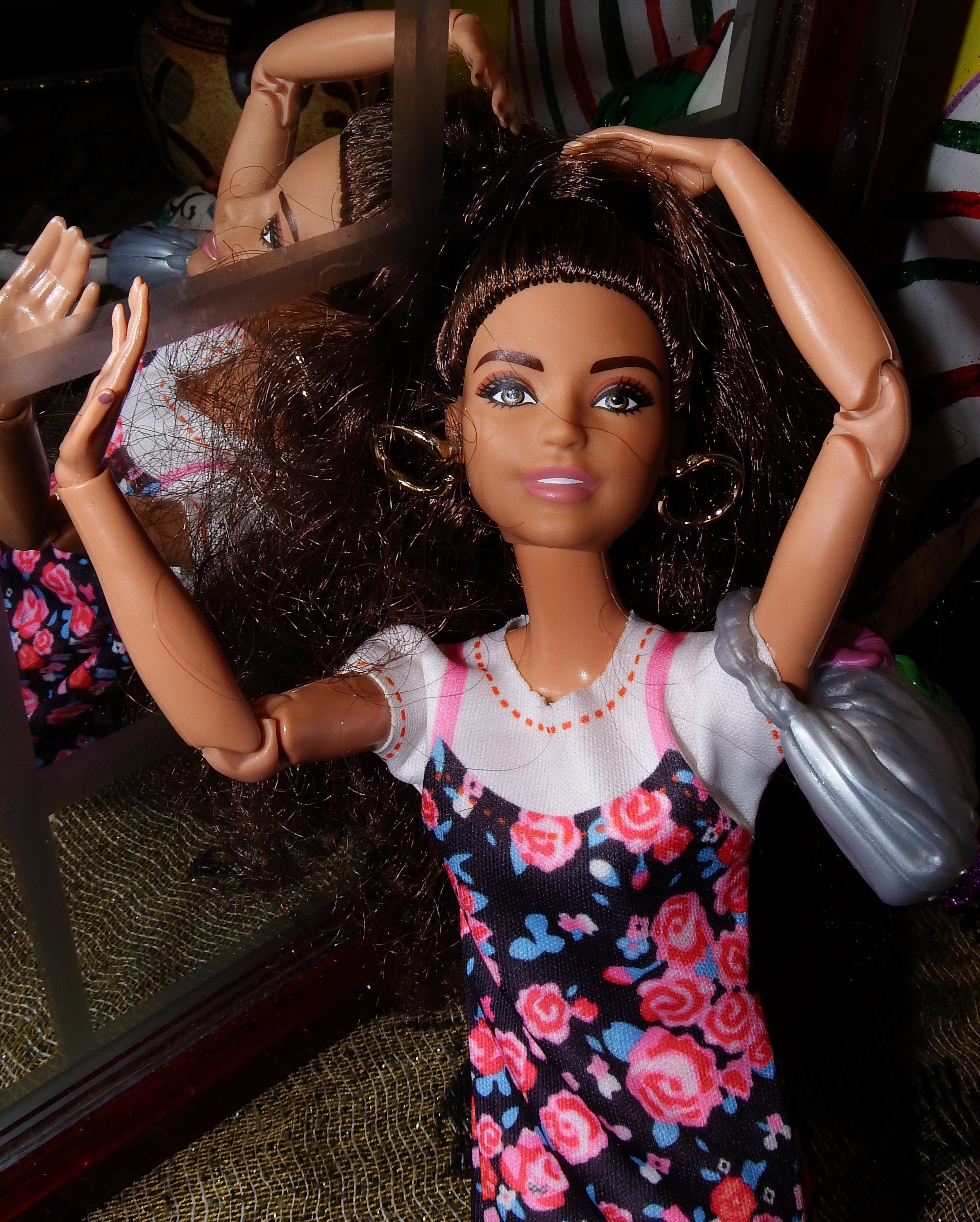 artsy Barbie Dolls in Blue and Flower Overall Casual Dress