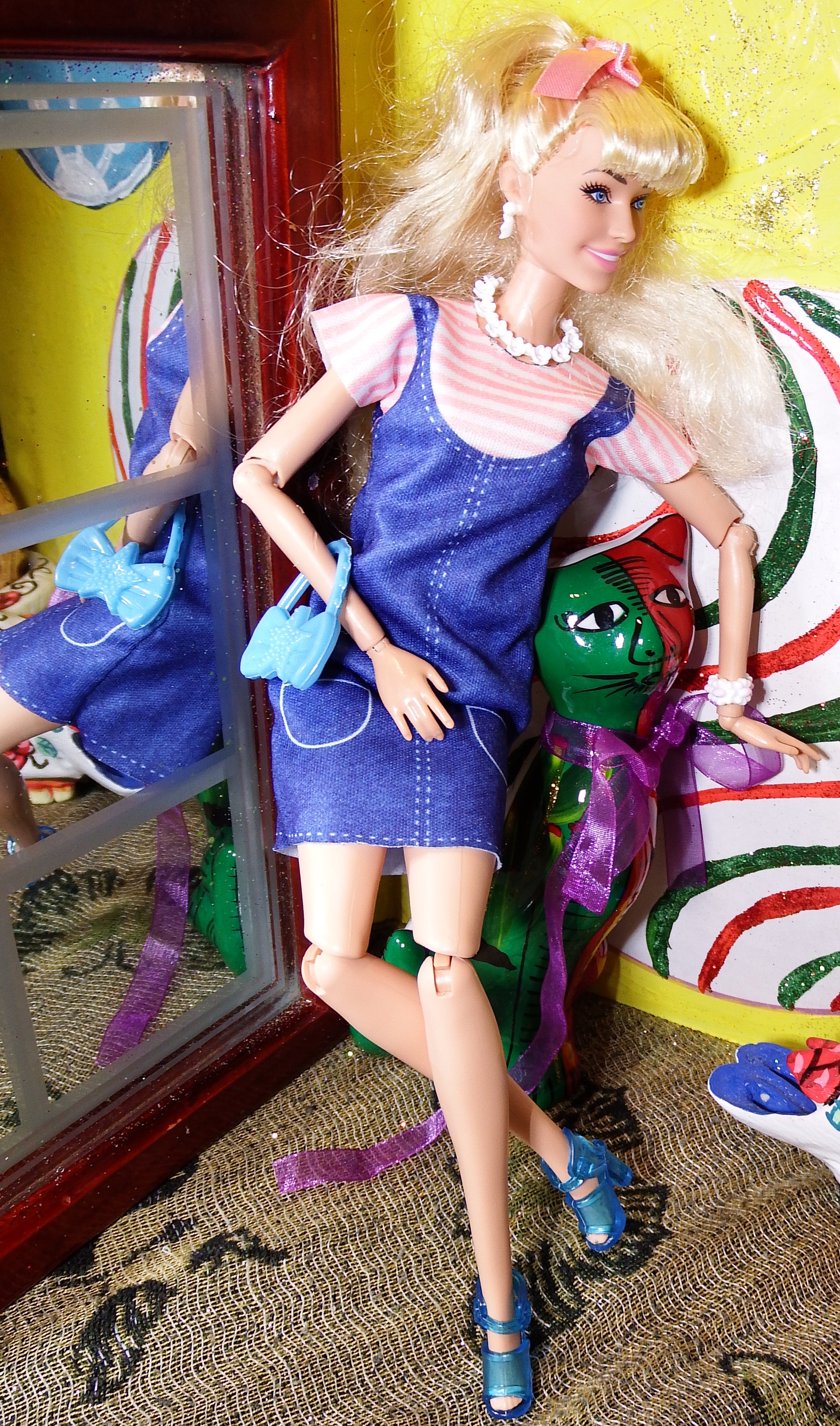 artsy Barbie Dolls in Blue and Flower Overall Casual Dress