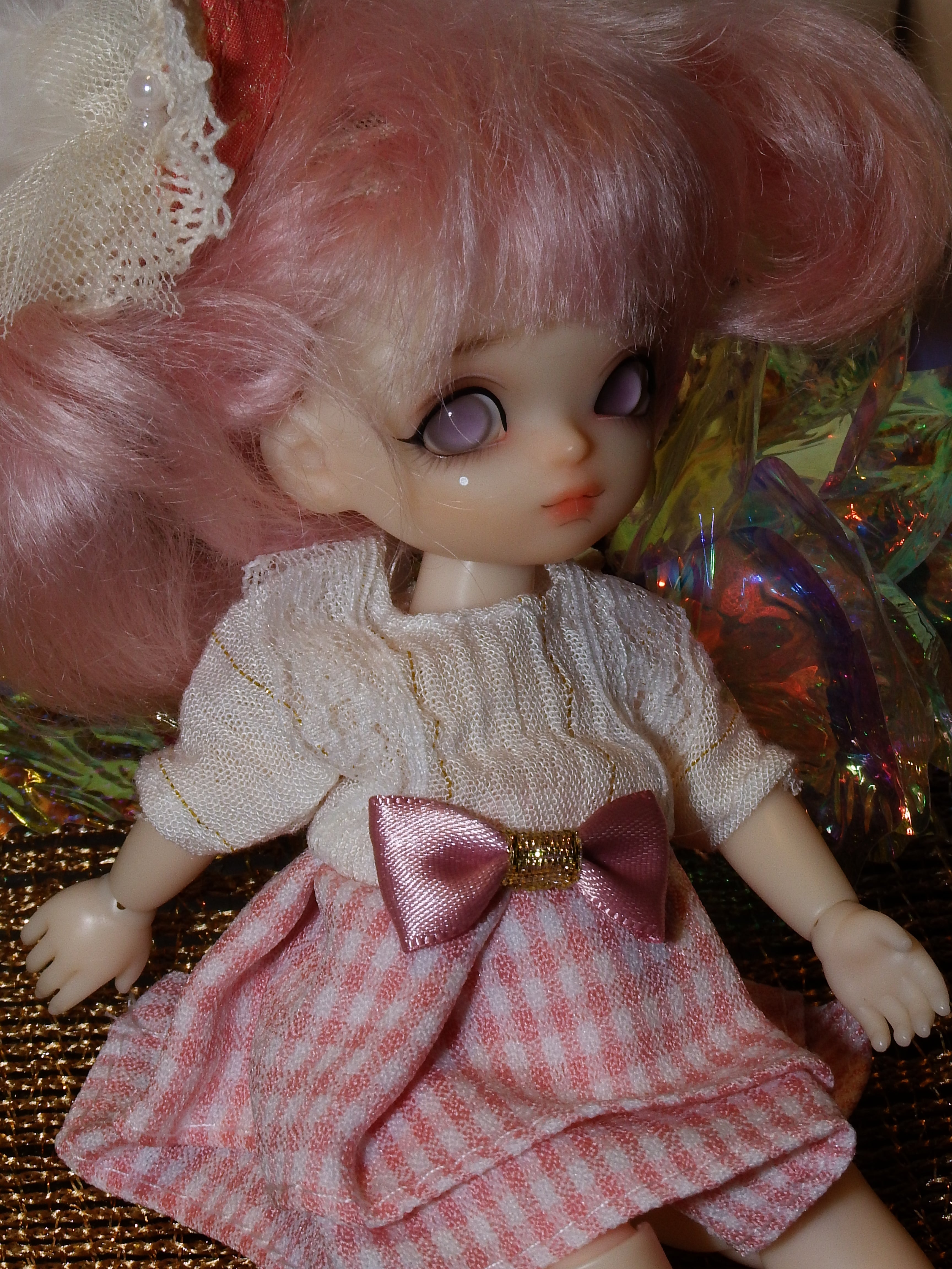 artsy sister Ringdoll in Pink Plaid Ribbon Dress