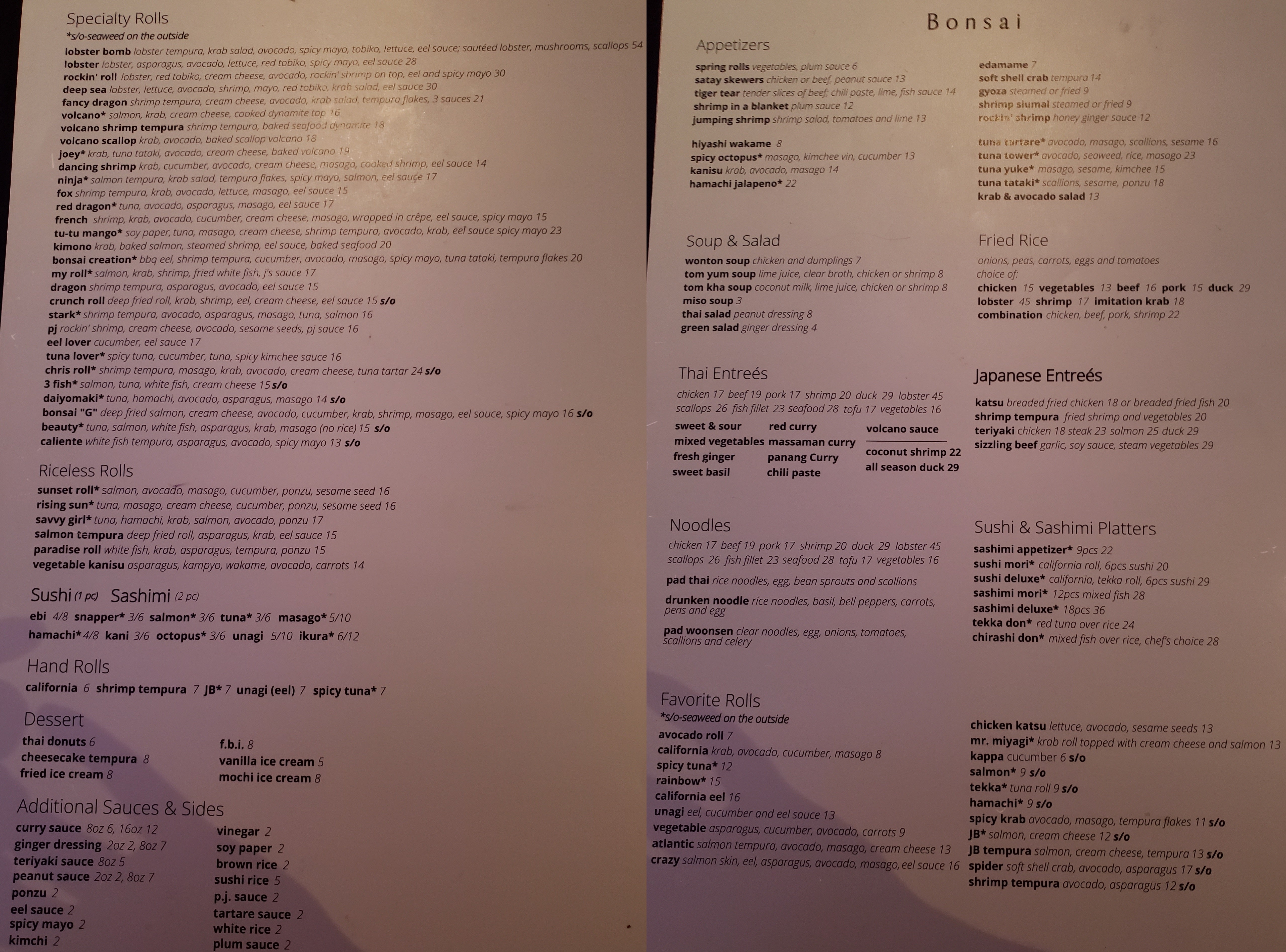 bonsai thai and sushi, restaurant, menu