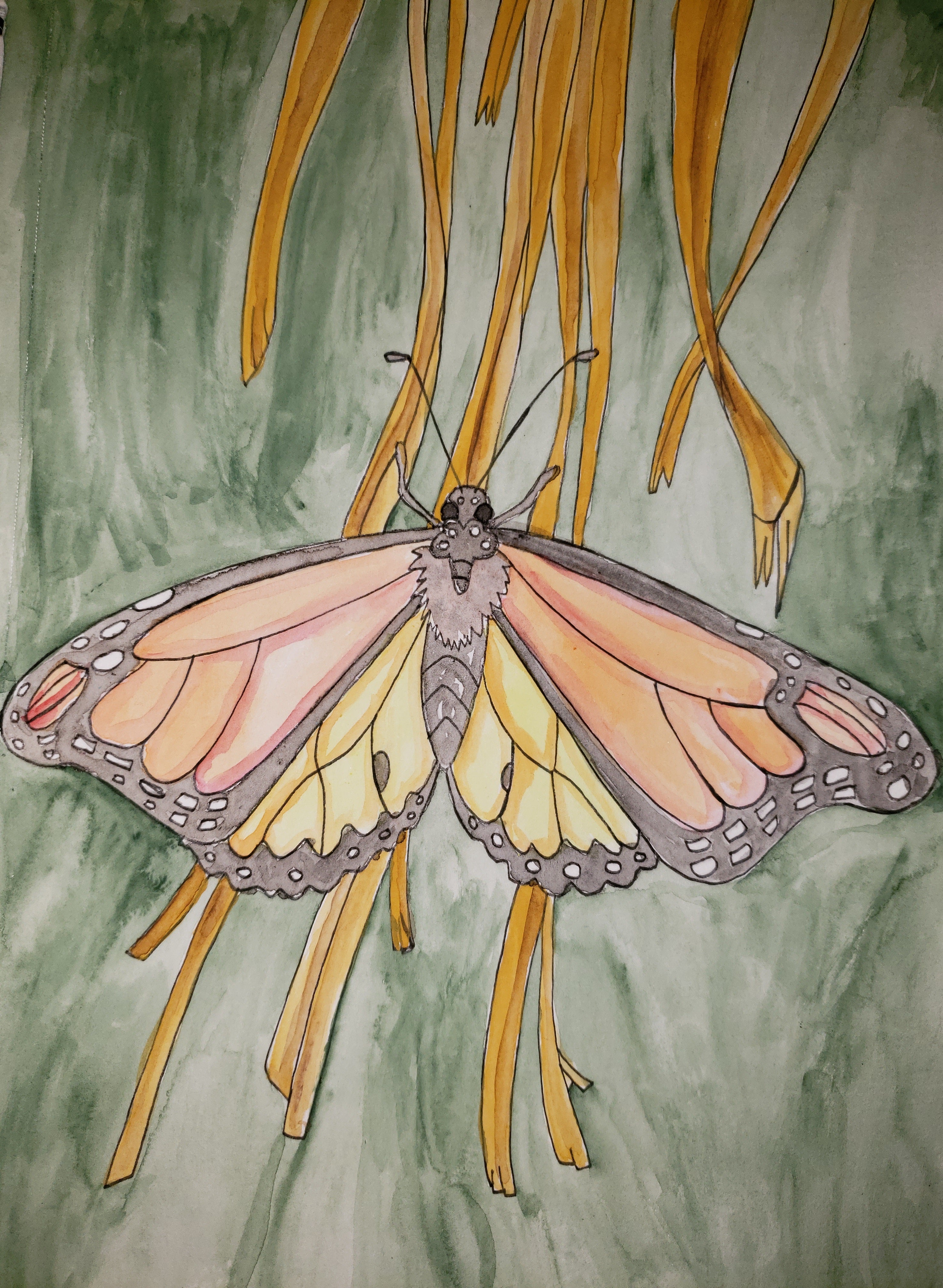 artsy sister teresita blanco, watercolor monarch painting, palm leaf