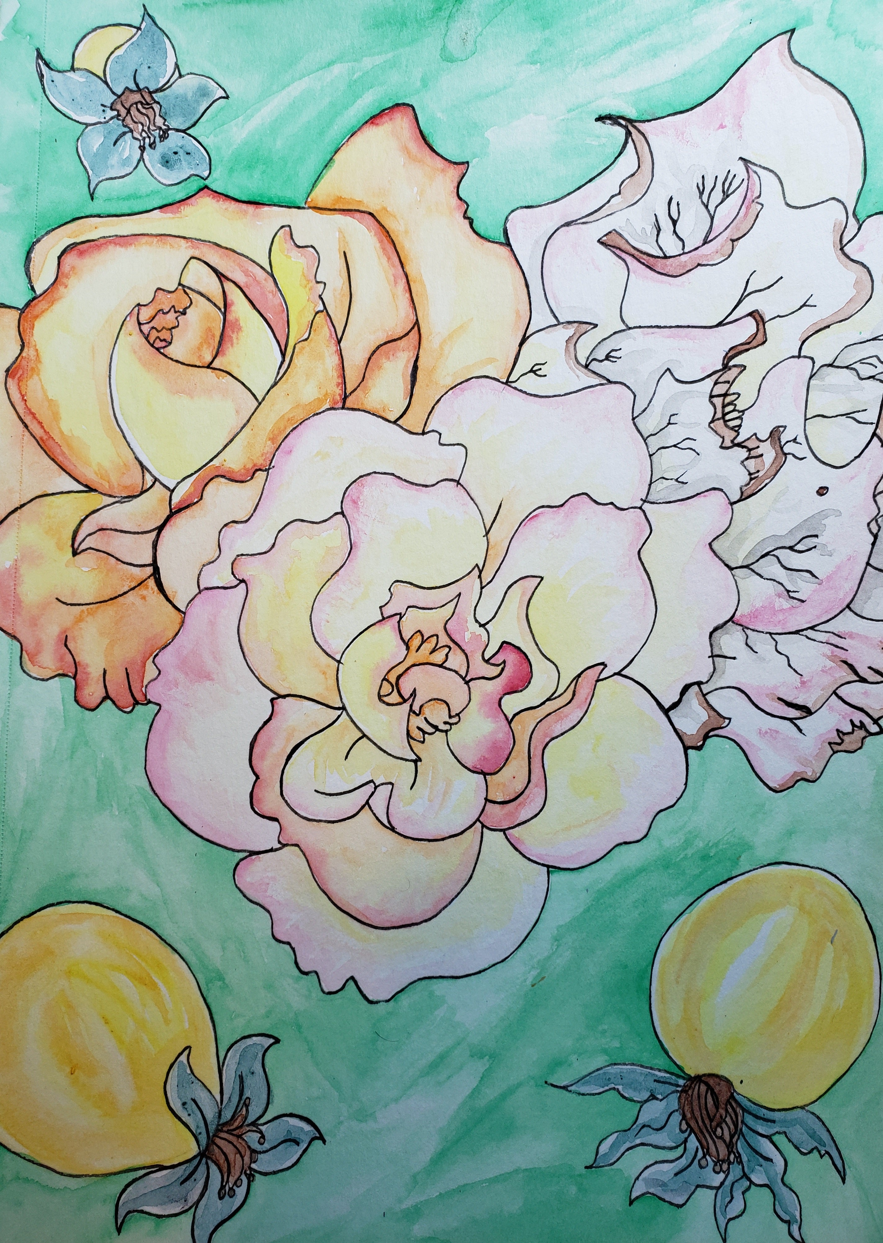 artsy sister teresita blanco, watercolor painting, yellow roses