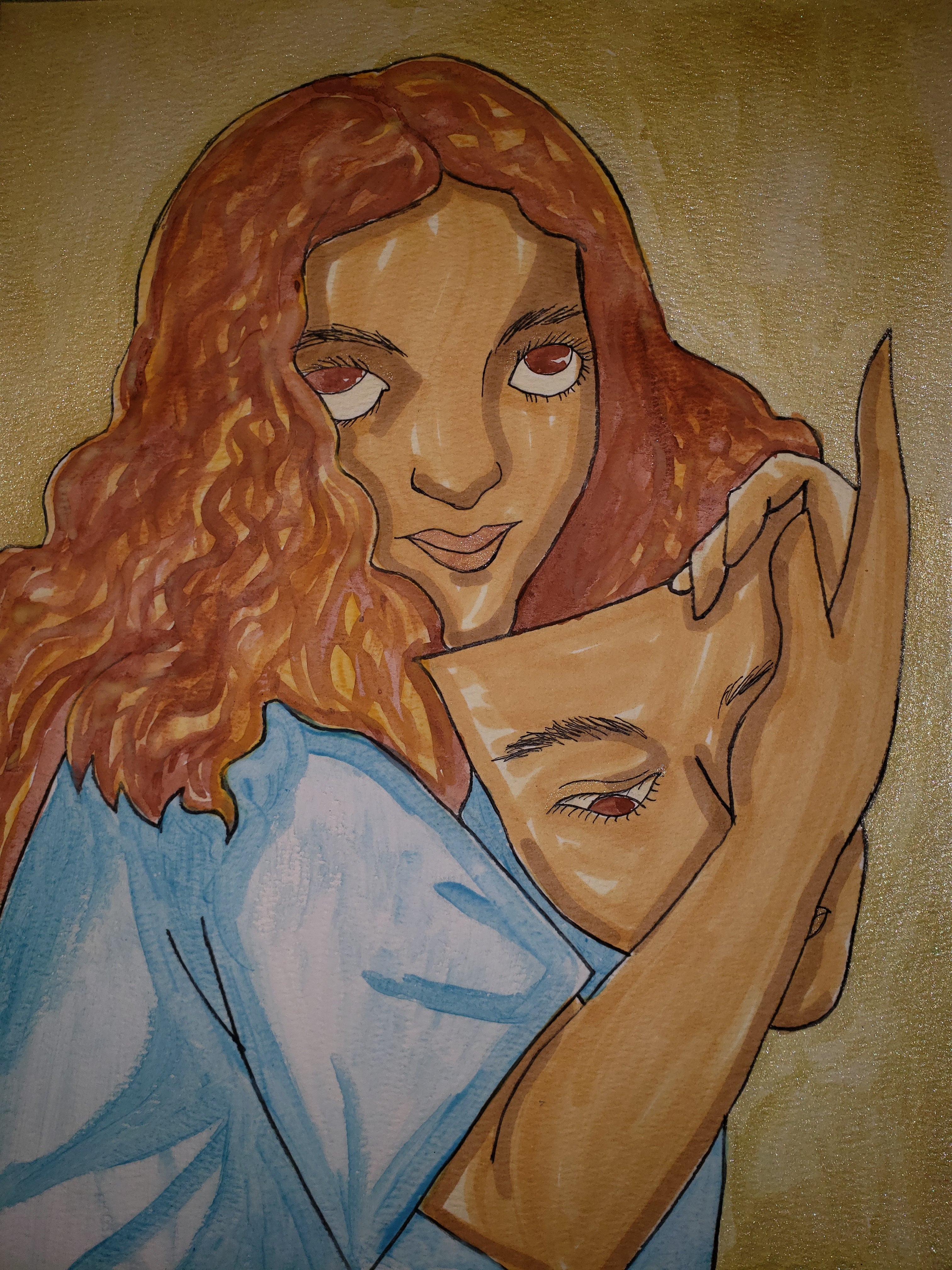 artsy sister, watercolor self portrait, tight mask