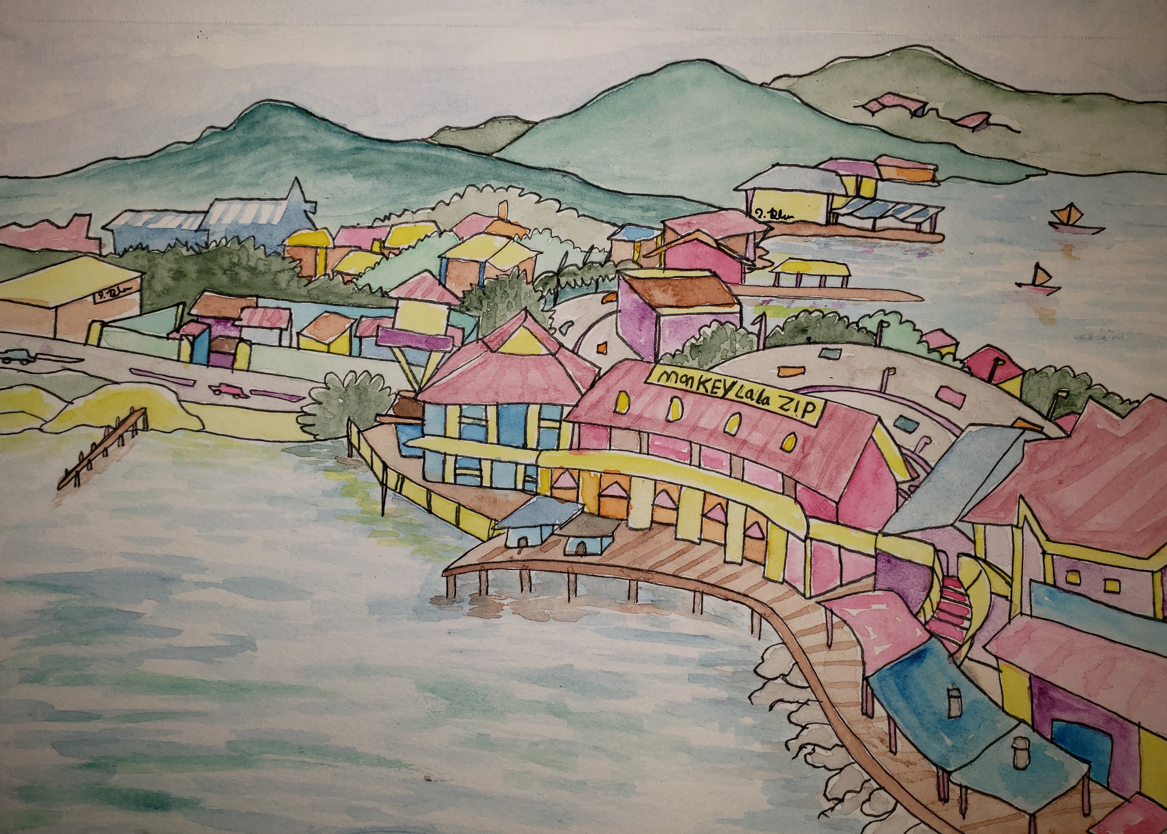 artsy sister, watercolor landscape, Roatan cityscape