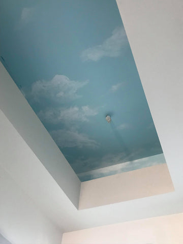 Construction site with coffered ceiling. Blue ceiling with airbrushed cloud details.