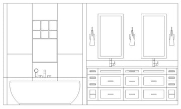 2D line work drawing elevation of tub and vanity wall.