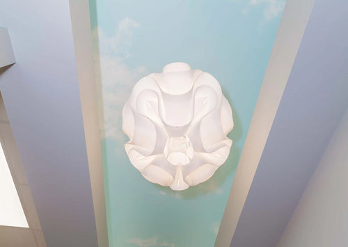 Coffered ceiling, blue ceiling with airbrushed cloud details. Vinyl cloud light fixture.