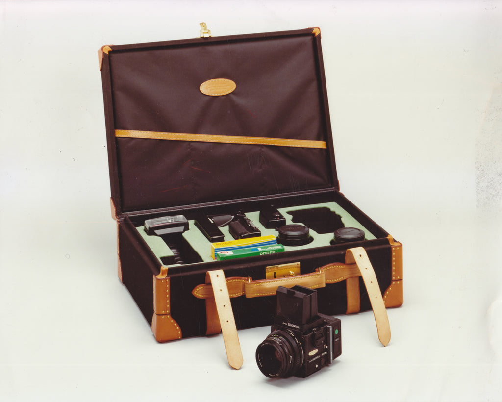 A Bronica camera in a numbered limited edition bundle, which included a Bronica camera and accessories presented in a Billingham hard case. It was the only hard case the firm ever made. Circa late ’90s. Photo: courtesy/copyright of Billingham.