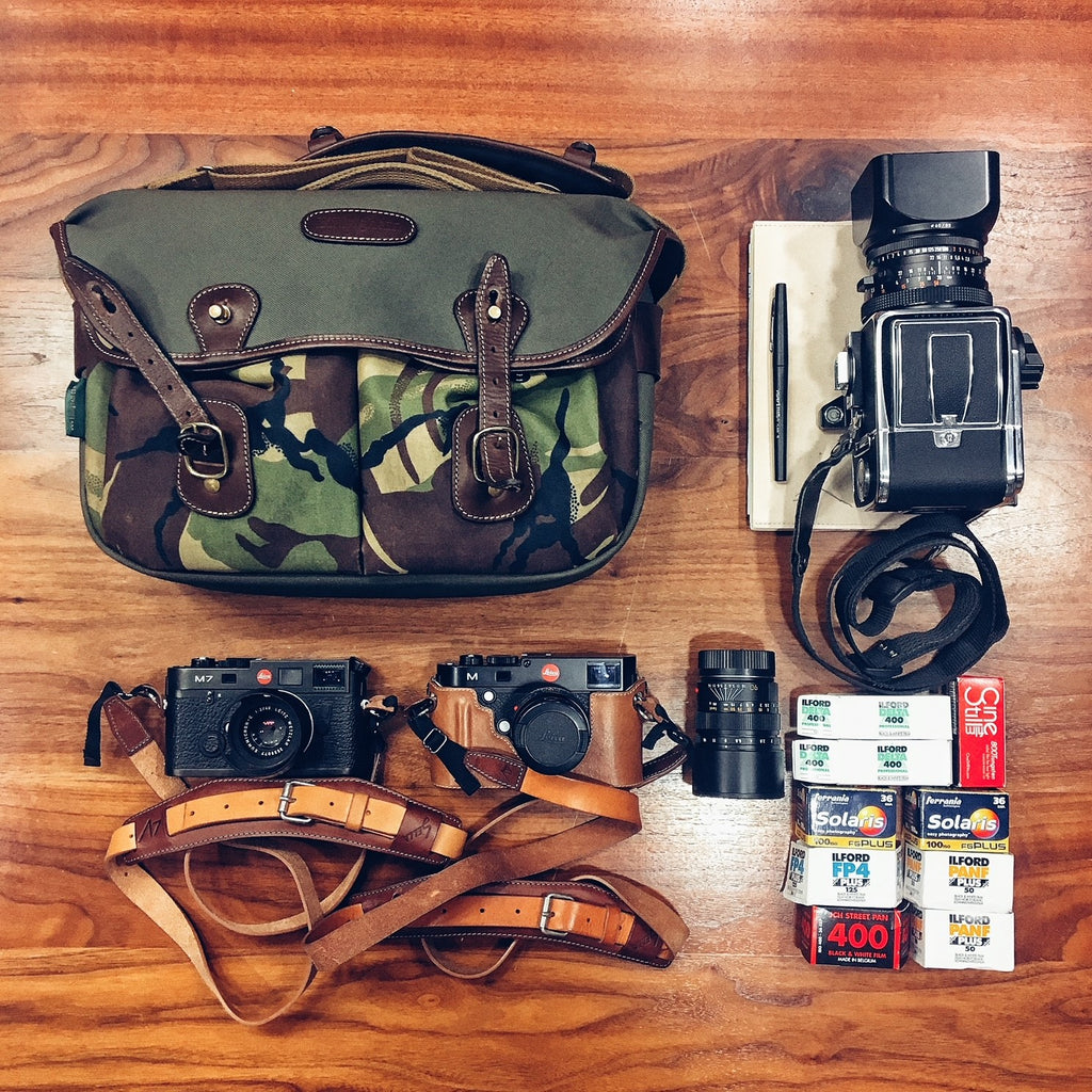  Hadley Pro in Sage FibreNyte with Camo front with Hasselblad 500CM and Leica M cameras.