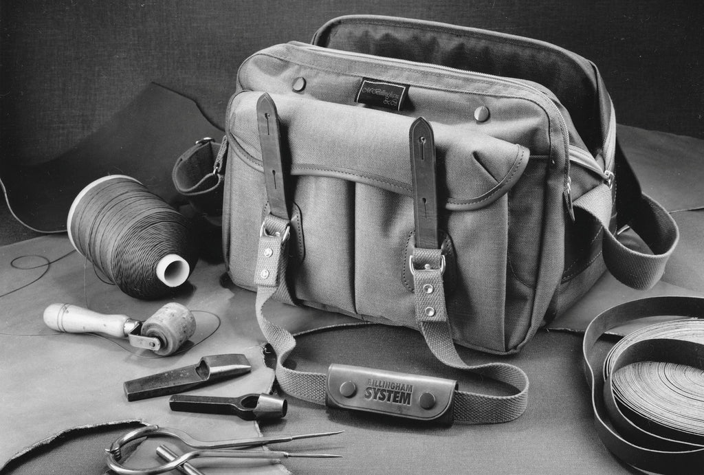 A product shot of a System 3 bag, circa 1979, next to some of the tools used to make it. Photo: courtesy/copyright of Billingham.