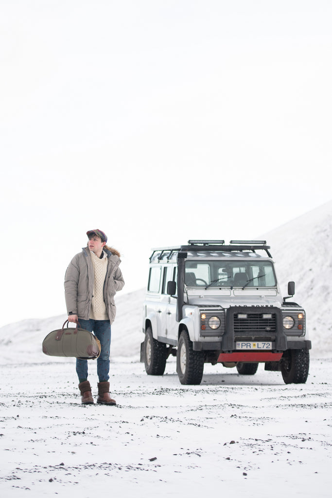 Joe Shutter with his Billingham Weekender and Land Rover Defender