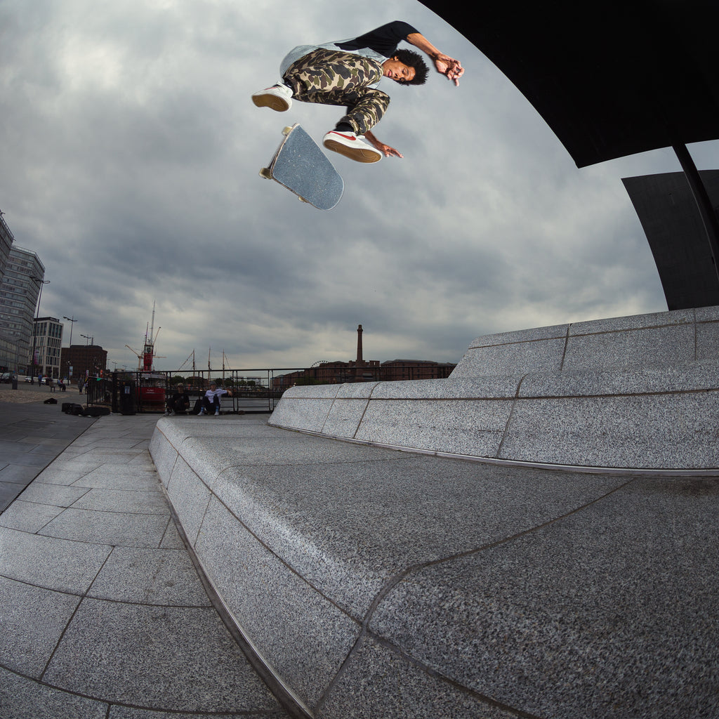 Nike SB pro Korahn Gayle switch backside flips at The Albert Dock in Liverpool during a jaunt around the North of England for an online editorial feature – Photo by Chris Johnson.