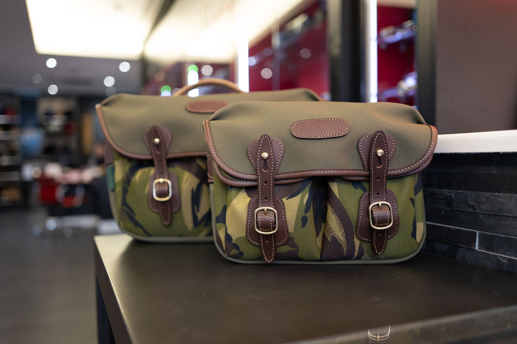 Billingham Hadley Pro and Hadley Small in Sage FibreNyte with Camo Front (and Chocolate Leather) made for Red Dot's anniversary.