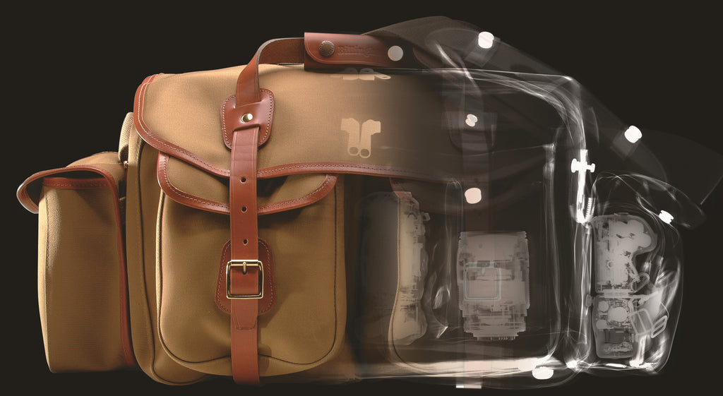 Composite image of a photograph of a Billingham 550 camera bag merged with a real x-ray of the same bag with analogue camera gear in. The 550 was Billingham’s first dedicated camera bag, under its previous name of the ‘System 1’. Photo: courtesy/copyright of Billingham.