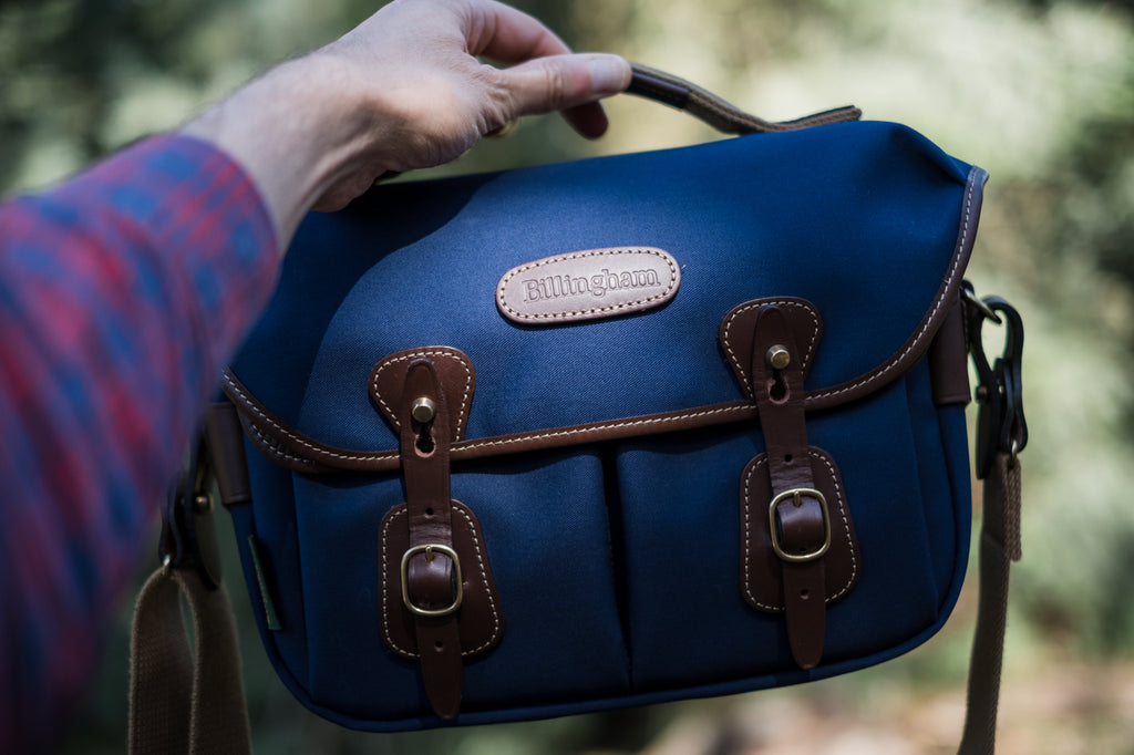 The Billingham Hadley Small Camera Bag in Navy Canvas and Chocolate Leather up close. Photo be Robert-Paul Jansen
