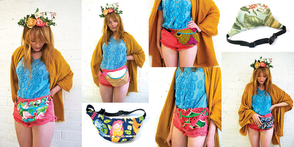 Photocollage of model wearing a number of different boutique bumbags - Beksies Boutique Spring Summer 2014