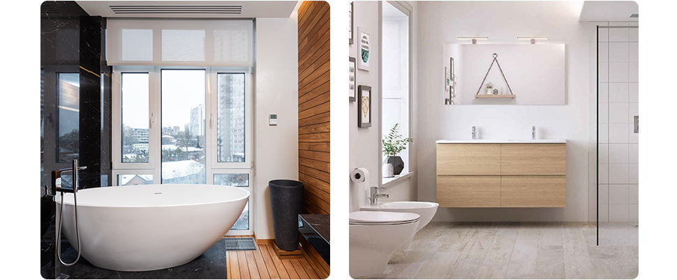 (Left) Modern bathroom image with a large egg-shaped freestanding bath. (Right) Image of RAK Ceramics' Joy Vanity Unit.