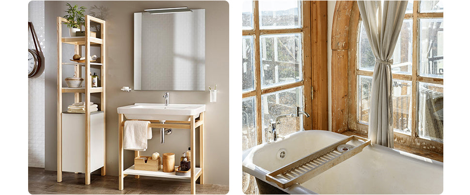 (Left) Image of Scandi-inspired basin and oak vanity frame. (Right) Image of a freestanding bath in front of a rustic wooden window frame.