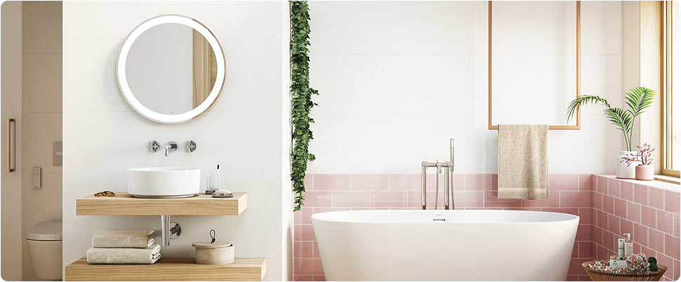 Scandinavian Bathroom Hero Image. Featuring a wide, open-space bathroom with a freestanding bath tub, wall hung oak shelves with a circular countertop basin and round, wall hung LED mirror.