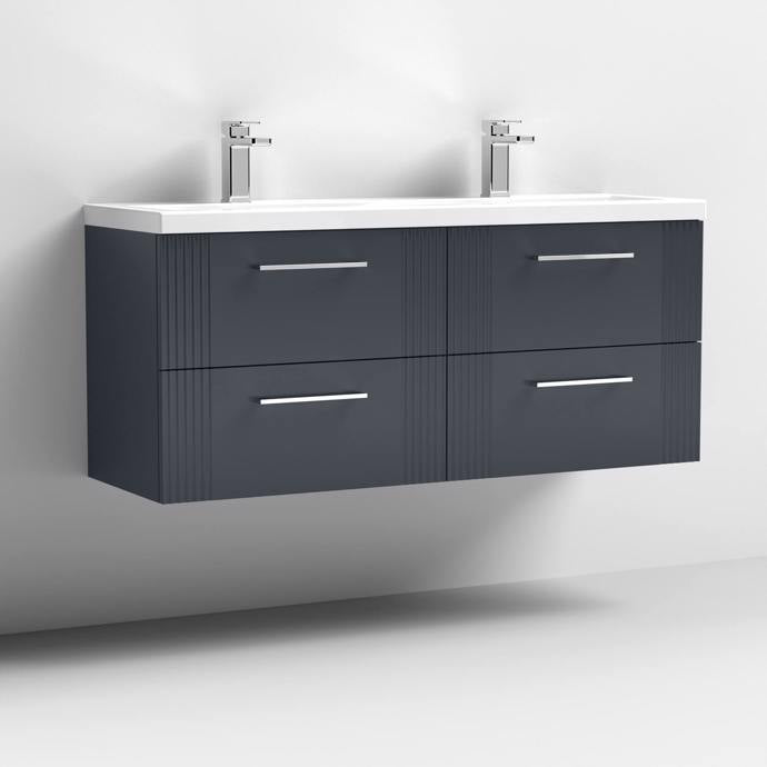 Nuie Deco 1200mm Wall Hung 4 Drawer Fluted Double Vanity Unit And Basins 