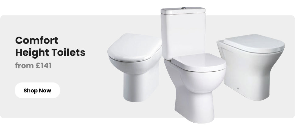 Shop Comfort Height Toilets from £141 at Unbeatable Bathrooms. Image features a close-coupled comfort height toilet and two back-to-wall comfort height toilets.